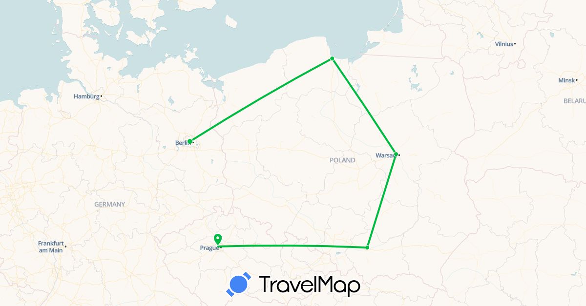TravelMap itinerary: driving, bus in Czech Republic, Germany, Poland (Europe)